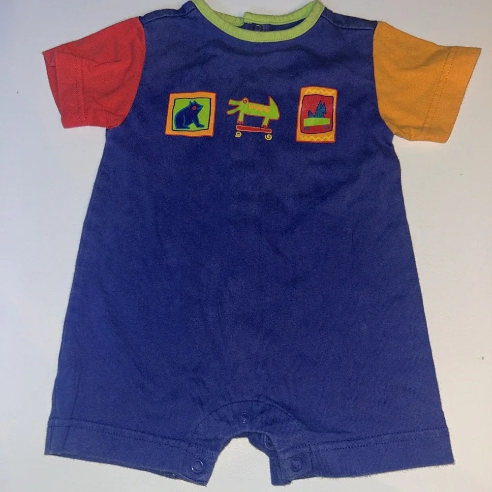 Vintage Gymboree Newborn Romper 90s Colorblock Blue Red Yellow Cotton One Piece